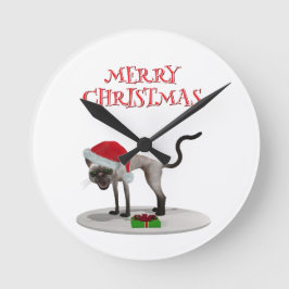Reloj Redondo Mediano Feliz Navidad. Gato con sombrero de Santa