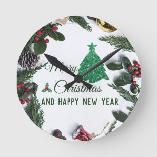 Reloj Redondo Mediano Feliz Navidad - purpurina verde