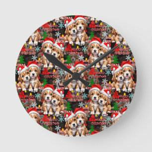 Reloj Redondo Mediano Feliz Navidad Sombrero de Santa Diseño de Perro Ca