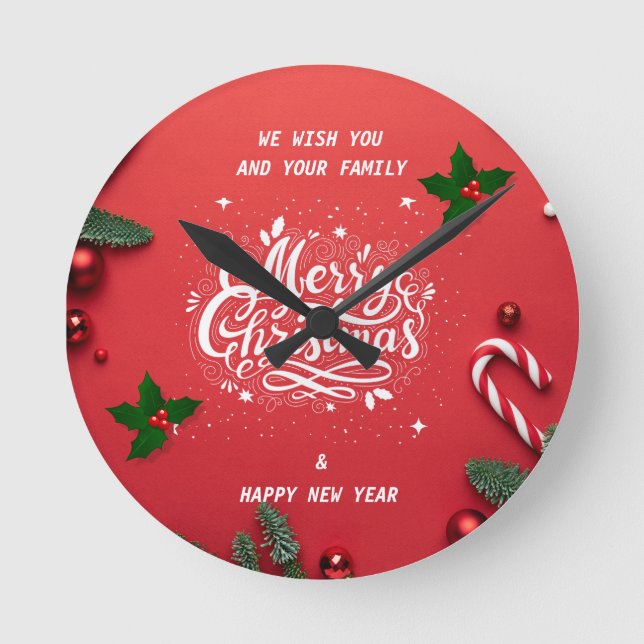Reloj Redondo Mediano Feliz Navidad y feliz año nuevo (Anverso)