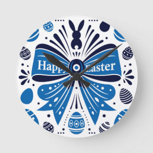 Reloj Redondo Mediano Feliz Pascua Arco Azul Arte Popular Conejo y Huevo