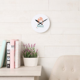 Reloj Redondo Mediano Feliz Pascua – Diseño floral de conejo y huevo