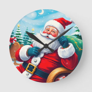 Reloj Redondo Mediano Feliz Santa Claus relajándose en un trineo festivo