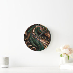 Reloj Redondo Mediano Fénix Mosaico Verde Negro Naranja 3D