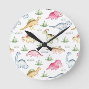 Reloj Redondo Mediano Fiesta de cumpleaños de dinosaurios rosados, fiest