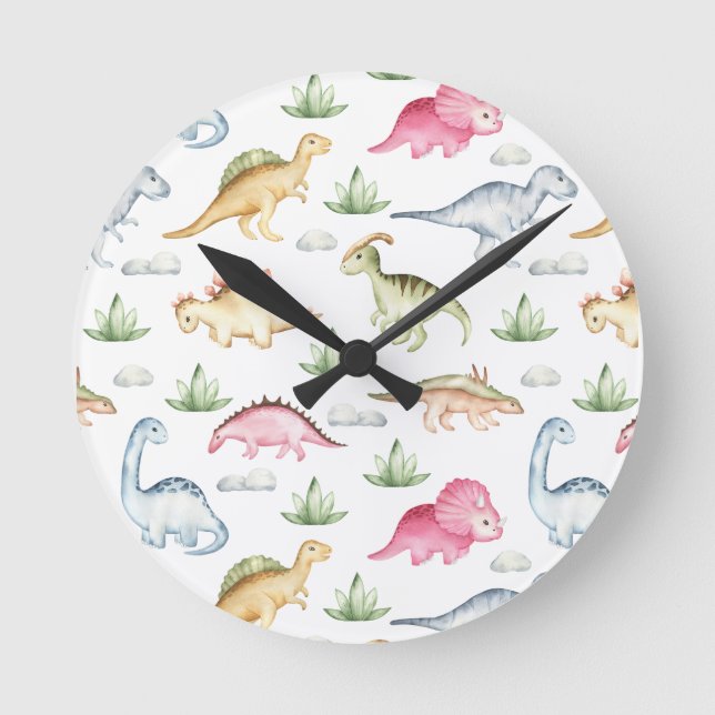 Reloj Redondo Mediano Fiesta de cumpleaños de dinosaurios rosados, fiest (Anverso)