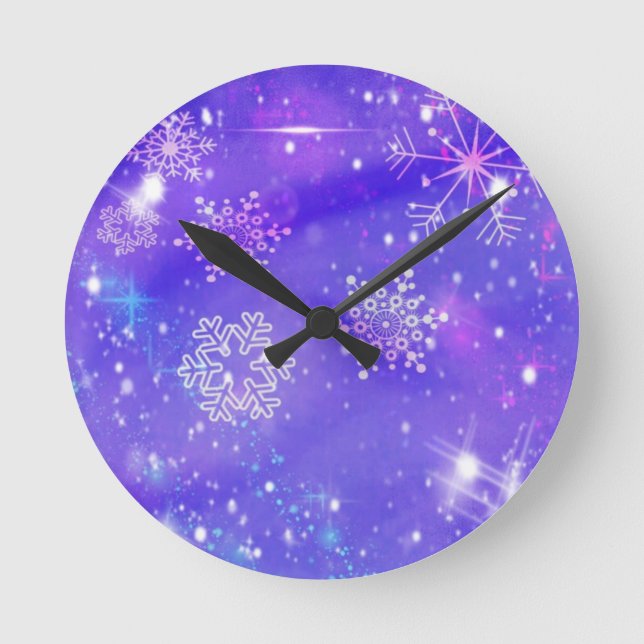Reloj Redondo Mediano Fiesta de Navidades de Estrellas de Snowflake Purp (Anverso)