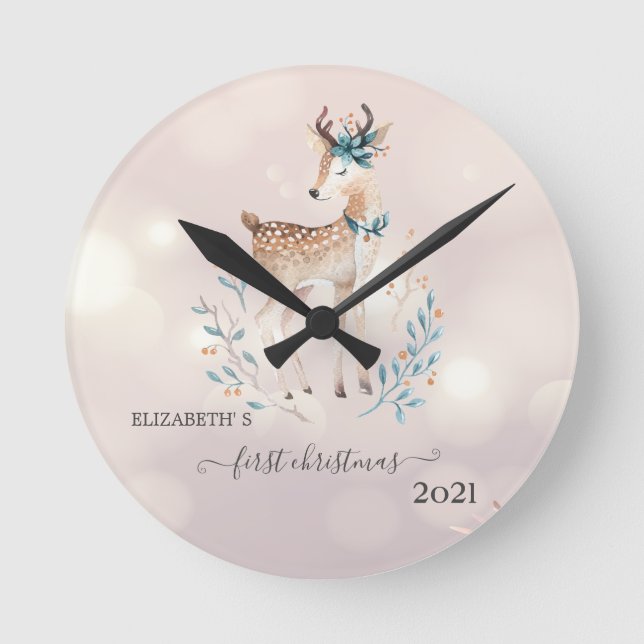 Reloj Redondo Mediano First Christmas,Cute Deer Holiday (Anverso)