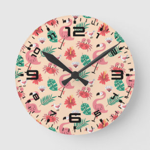 Reloj Redondo Mediano Flamenco Rosa Patrón Tropical de Verano