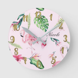 Reloj Redondo Mediano Flamenco Rosa y Hojas Florales Tropicales Personal