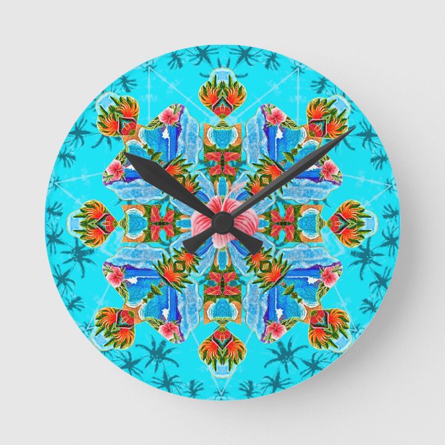 Reloj Redondo Mediano Flames de paraíso hawaiano (azul) (Anverso)