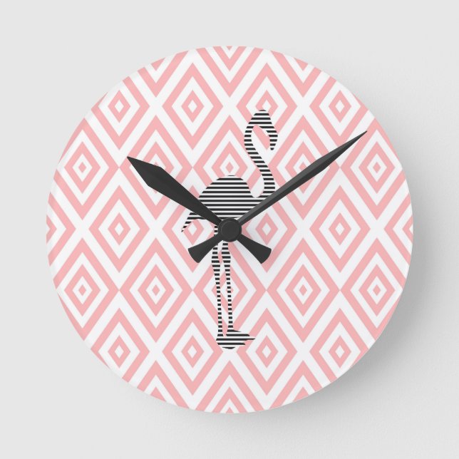 Reloj Redondo Mediano Flamingo - abstract geometric pattern - pink. (Anverso)