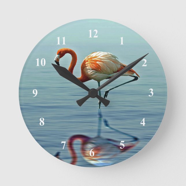 Reloj Redondo Mediano Flamingo Reflexión Rosa Foto Vida Silvestre (Anverso)