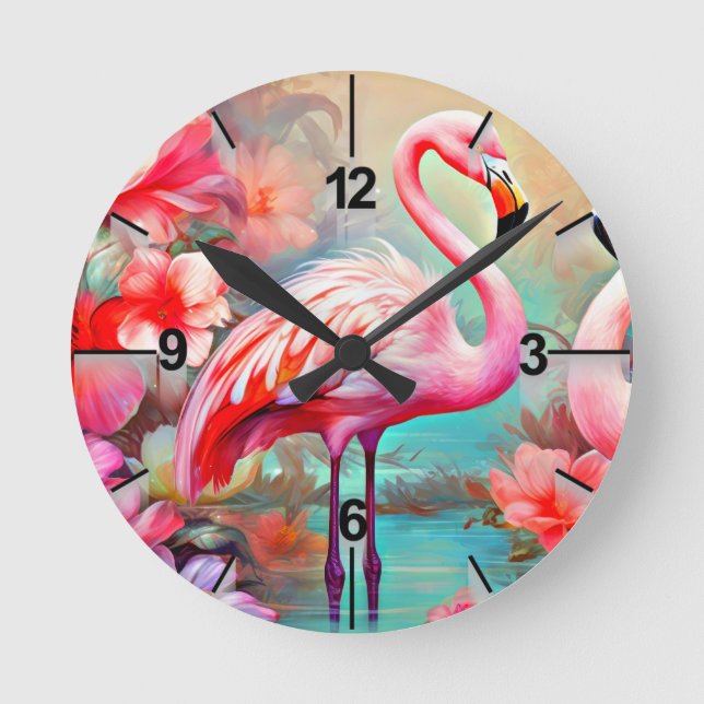 Reloj Redondo Mediano Flamingo rosa tropical con flores-87361 (Anverso)