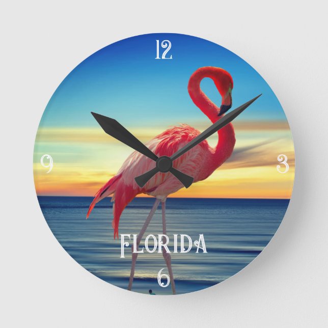 Reloj Redondo Mediano Flamingo rosa y atardecer oceánico (Anverso)