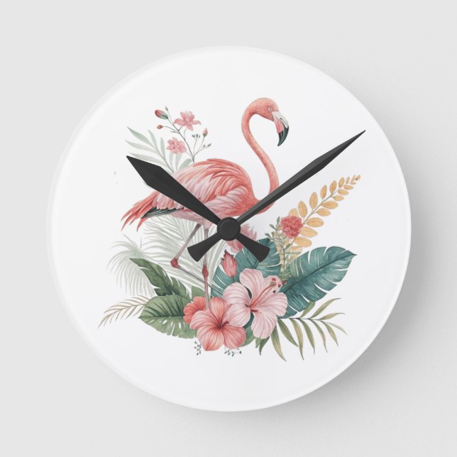 Reloj Redondo Mediano Flamingo With Flowers (Anverso)