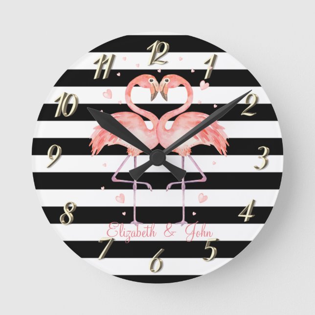 Reloj Redondo Mediano Flamingos Cuidados Enamorados, Rayas Blancas Negra (Anverso)