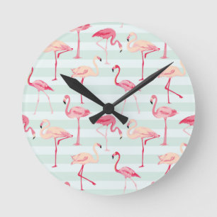 Reloj Redondo Mediano Flamingos Retro En Tiras De Mint