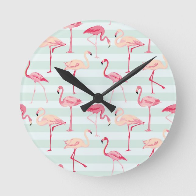 Reloj Redondo Mediano Flamingos Retro En Tiras De Mint (Anverso)