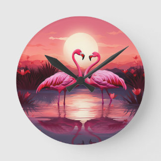 Reloj Redondo Mediano Flamingos rosas al atardecer