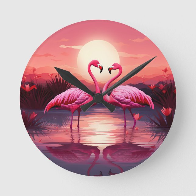 Reloj Redondo Mediano Flamingos rosas al atardecer (Anverso)