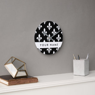Reloj Redondo Mediano Fleur de Lis, Blanco sobre Negro, Blanco, Tu Nombr