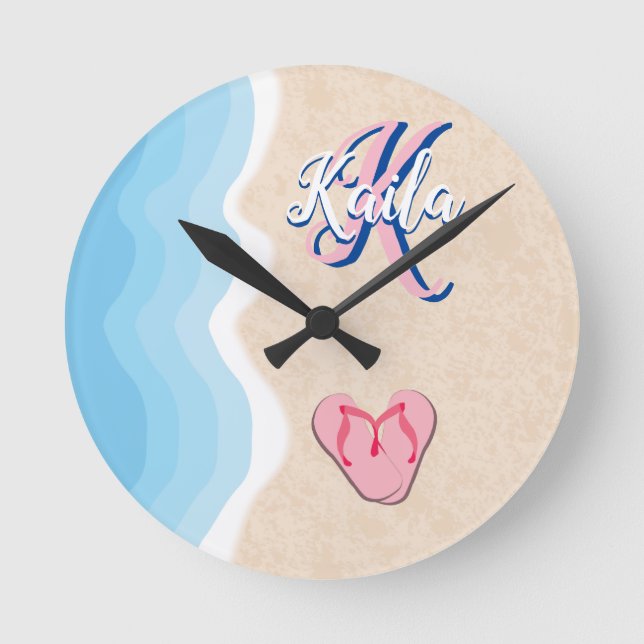 Reloj Redondo Mediano Flip-flops rosa en la playa (Anverso)