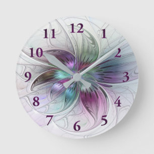 Reloj Redondo Mediano Flor Abstracta Colorida Arte Fractal Floral Modern
