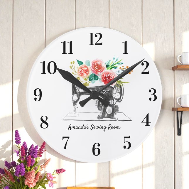 Reloj Redondo Mediano Flor blanca de la máquina de coser negra (Subido por el creador)