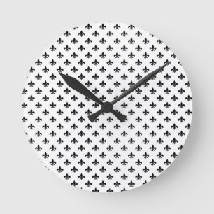 Reloj Redondo Mediano Flor blanca negra De Lis Delicada Mardi Gras