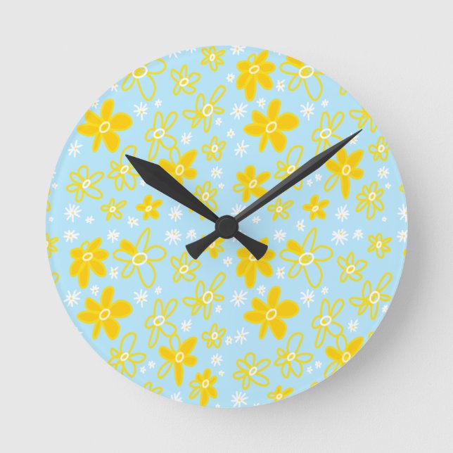 Reloj Redondo Mediano Flor Bouquet Daisy Meadow Cielo Amarillo Blanco (Anverso)