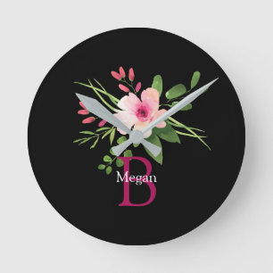 Reloj Redondo Mediano Flor de acuarela, nombre y monograma en negro