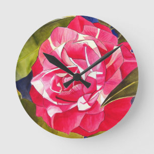 Reloj Redondo Mediano Flor de arte de la acuarela del Camellia rosa bril