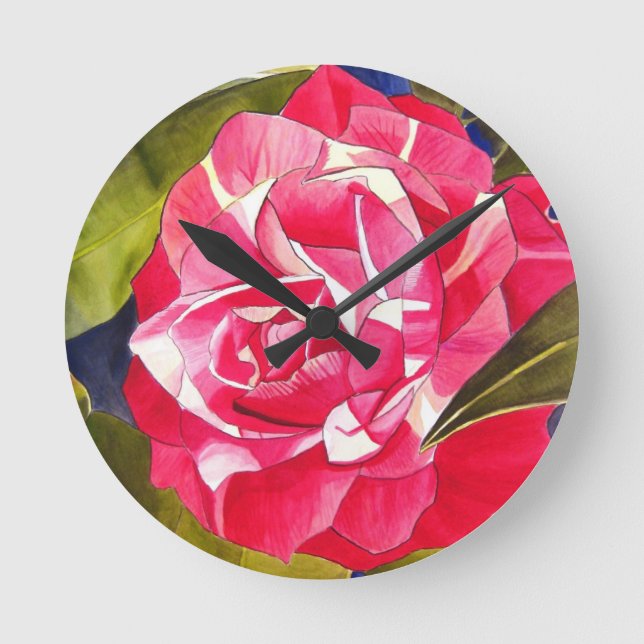 Reloj Redondo Mediano Flor de arte de la acuarela del Camellia rosa bril (Anverso)
