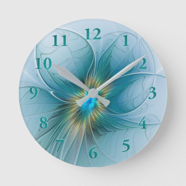 Reloj Redondo Mediano Flor de Arte Fractal de Oro Azul Pequeña Belleza (Anverso)