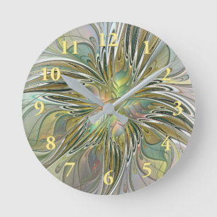 Reloj Redondo Mediano Flor De Arte Fractal Moderno Con Oro