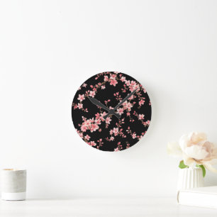 Reloj Redondo Mediano Flor de cerezo japonés rosa pálido negro
