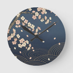 Reloj Redondo Mediano Flor de Cerezo Japonesa Patrón de Onda Dorada Mari