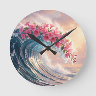 Reloj Redondo Mediano Flor de Cerezo Rosa Ola del Océano Surrealista