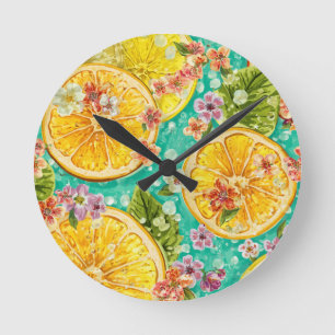 Reloj Redondo Mediano Flor de cítrico Limón y Acuarela de flores silvest