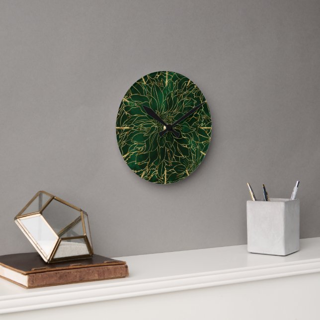 Reloj Redondo Mediano Flor de Dalia Dorada y Verde (Oficina)