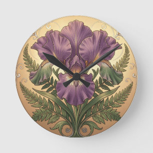 Reloj Redondo Mediano Flor de Iris Morado Art Nouveau Marco Ornate