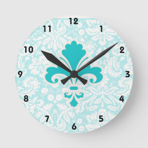 Reloj Redondo Mediano Flor de lis verde azulada