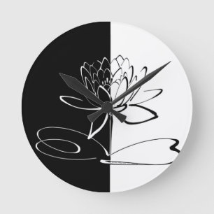 Reloj Redondo Mediano Flor de Loto Negra Blanca Yin Yang