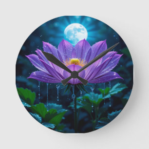 Reloj Redondo Mediano Flor de Loto Púrpura Bajo Luz de Luna
