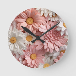Reloj Redondo Mediano Flor de margarita 3D rosa y blanca