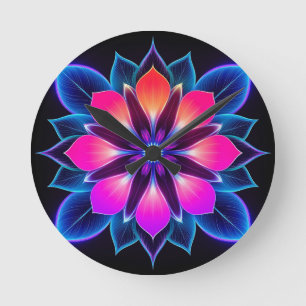 Reloj Redondo Mediano Flor de neón con patrones de luz azul