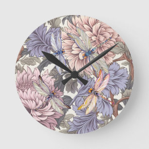 Reloj Redondo Mediano Flor de oreja de popa rosada morada floral frances