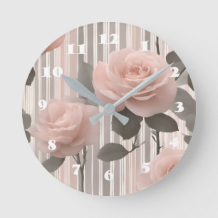 Reloj Redondo Mediano Flor de rosa rosa y rayas, aspecto vintage