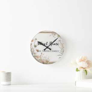 Reloj Redondo Mediano flor de verde salvia - texto personalizado